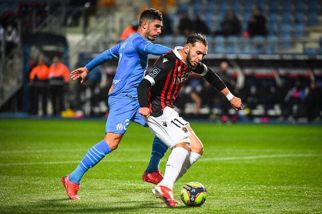 October 27, 2021, Troyes, France, France: Alvaro GONZALEZ of Marseille and Amine GOUIRI of Nice during the Ligue 1 match between OGC Nice and Olympique de Marseille (OM) at Stade de l Aube on October 27, 2021 in Troyes, France. Troyes France - ZUMAm308 20211027_zsp_m308_005 Copyright: xMatthieuxMirvillex