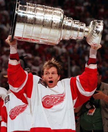 September 26, 1997 - Detroit, Michigan, U.S. - VLADIMIR KONSTANTINOV takes his turn with the Stanley Cup after the victory against the Flyers. A week later he was seriously injured in a limousine accident and remains in the hospital. Stanley Cup Hockey Playoffs 1997  - ZUMAf31_ 19970926_skr_f31_284 Copyright: xMaryxSchroeder DetroitxFreexPressx