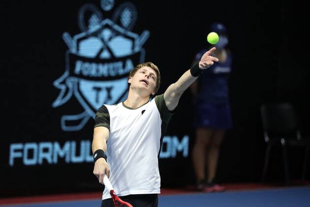 Saint Petersburg, Russia - 27 october 2021: Tennis. Andrey Rublev plays during a match against Ilya Ivashka at the St.Petersburg Open 2021 tennis tournament. Ilya Ivashka. MaksimxKonstantinov
