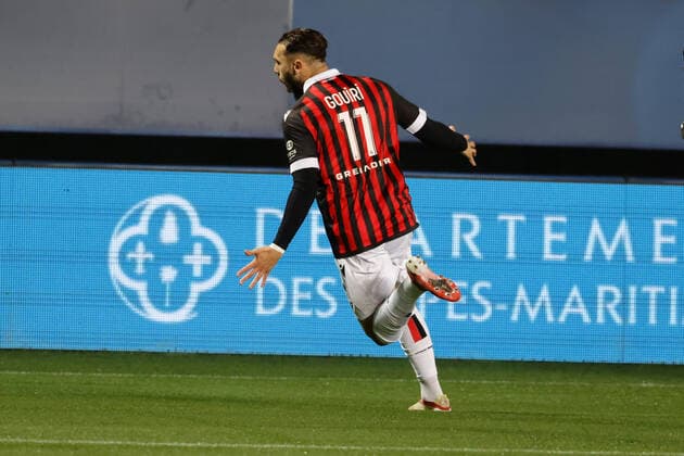 (211028) -- TROYES, Oct. 28, 2021 -- Amine Gouiri of OGC Nice celebrates the goal during the Ligue 1 match between OGC Nice and Olympique de Marseille in Troyes, France, on Oct. 27, 2021. (Photo by Xinhua) (SP)FRANCE-TROYES-FOOTBALL-NICE VS MARSILLE JackxChan 