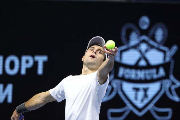 Saint Petersburg, Russia - 28 october 2021: Tennis. Aslan Karatsev plays during a match against John Millman at the St.Petersburg Open 2021 tennis tournament. Aslan Karatsev. MaksimxKonstantinov