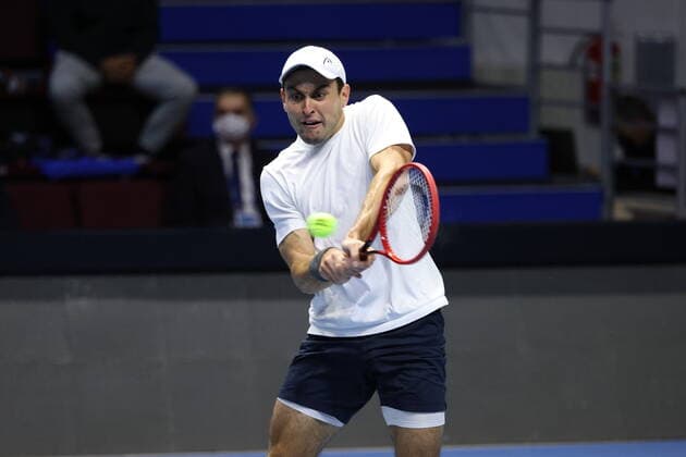 Saint Petersburg, Russia - 28 october 2021: Tennis. Aslan Karatsev plays during a match against John Millman at the St.Petersburg Open 2021 tennis tournament. Aslan Karatsev. MaksimxKonstantinov
