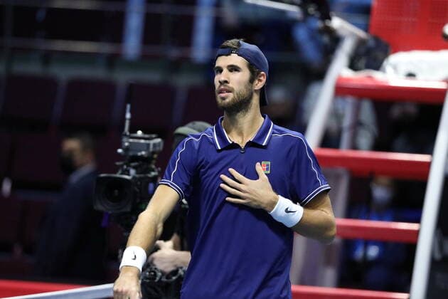 Saint Petersburg, Russia: Tennis. Plays during a match against Karen Khachanov at the St.Petersburg Open 2021 tennis tournament. Karen Khachanov. MaksimxKonstantinov