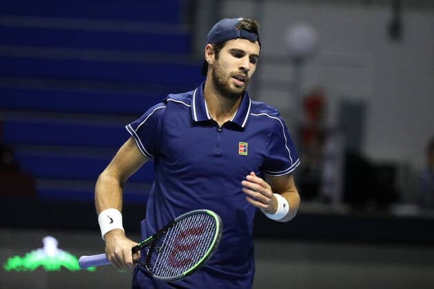 Saint Petersburg, Russia: Tennis. Plays during a match against Karen Khachanov at the St.Petersburg Open 2021 tennis tournament. Karen Khachanov. MaksimxKonstantinov