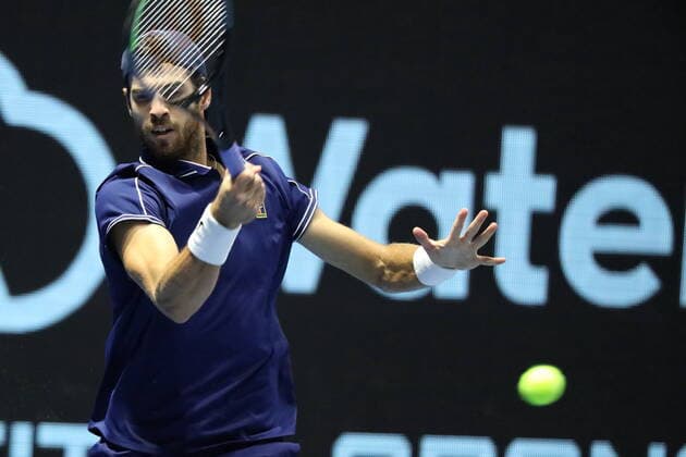 Saint Petersburg, Russia: Tennis. Plays during a match against Karen Khachanov at the St.Petersburg Open 2021 tennis tournament. Karen Khachanov. MaksimxKonstantinov