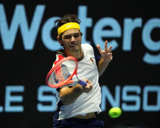 Taylor Fritz of USA seen in action during a match against John Millman of Australia at the St. Petersburg Open, 2021 tennis tournament at Sibur Arena. Final score: (Taylor Fritz 2 - 0 John Millman) MaksimxKonstantinov