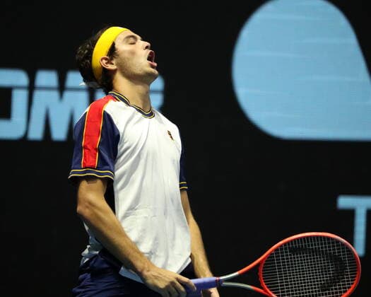 Saint Petersburg, Russia - 29 october 2021: Tennis. Taylor Fritz plays during a match against John Millman at the St.Petersburg Open 2021 tennis tournament. Taylor Fritz. MaksimxKonstantinov