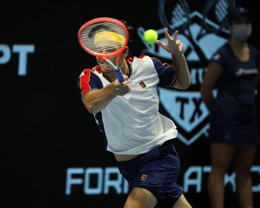 Saint Petersburg, Russia - 29 october 2021: Tennis. Taylor Fritz plays during a match against John Millman at the St.Petersburg Open 2021 tennis tournament. Taylor Fritz. MaksimxKonstantinov