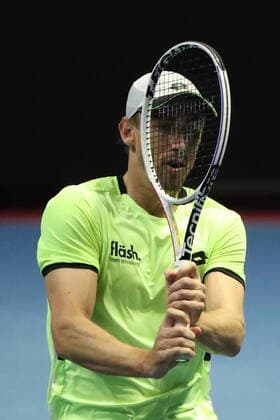 Saint Petersburg, Russia - 29 october 2021: Tennis. Taylor Fritz plays during a match against John Millman at the St.Petersburg Open 2021 tennis tournament. John Millman. MaksimxKonstantinov