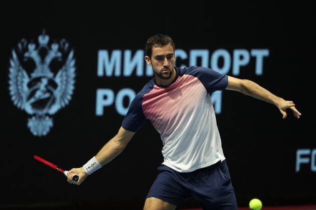 Saint Petersburg, Russia - 29 october 2021: Tennis. Roberto Bautista Agut plays during a match against Marin Cilic at the St.Petersburg Open 2021 tennis tournament. Marin Cilic. MaksimxKonstantinov