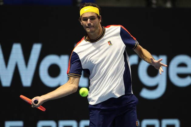 Saint Petersburg, Russia - 30 october 2021: Tennis. Jan-Lennard Struff plays during a match against Taylor Fritz at the St.Petersburg Open 2021 tennis tournament. Taylor Fritz. MaksimxKonstantinov