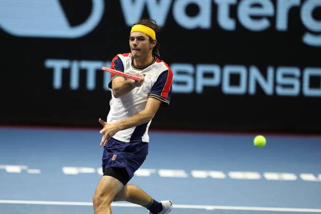 Saint Petersburg, Russia - 30 october 2021: Tennis. Jan-Lennard Struff plays during a match against Taylor Fritz at the St.Petersburg Open 2021 tennis tournament. Taylor Fritz. MaksimxKonstantinov