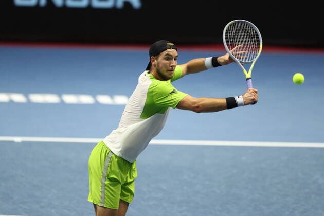 Saint Petersburg, Russia - 30 october 2021: Tennis. Jan-Lennard Struff plays during a match against Taylor Fritz at the St.Petersburg Open 2021 tennis tournament. Jan-Lennard Struff. MaksimxKonstantinov