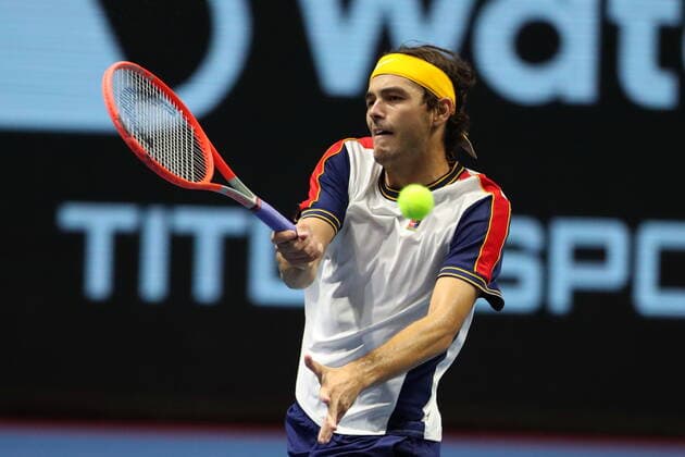 Saint Petersburg, Russia - 30 october 2021: Tennis. Jan-Lennard Struff plays during a match against Taylor Fritz at the St.Petersburg Open 2021 tennis tournament. Taylor Fritz. MaksimxKonstantinov