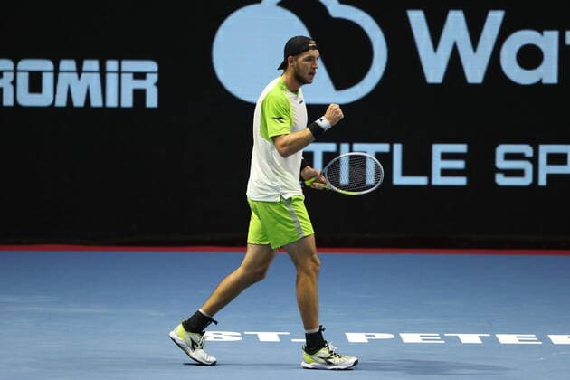 Saint Petersburg, Russia - 30 october 2021: Tennis. Jan-Lennard Struff plays during a match against Taylor Fritz at the St.Petersburg Open 2021 tennis tournament. Jan-Lennard Struff. MaksimxKonstantinov