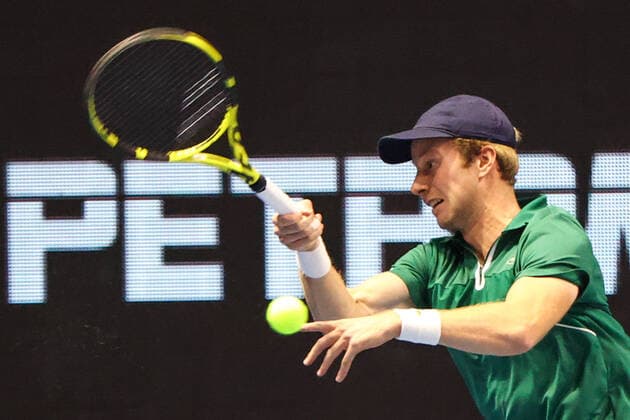 ST PETERSBURG, RUSSIA â€“ OCTOBER 30, 2021: Botic van de Zandschulp of the Netherlands in action in a men s singles semi-final match against Marin Cilic of Croatia as part of the 2021 St Petersburg Open tennis tournament, at the Sibur Arena. Peter Kovalev TASS  TS11656F