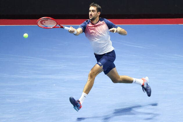 ST PETERSBURG, RUSSIA â€“ OCTOBER 30, 2021: Marin Cilic of Croatia in action in a men s singles semi-final match against Botic van de Zandschulp of the Netherlands as part of the 2021 St Petersburg Open tennis tournament, at the Sibur Arena. Peter Kovalev TASS  TS116570