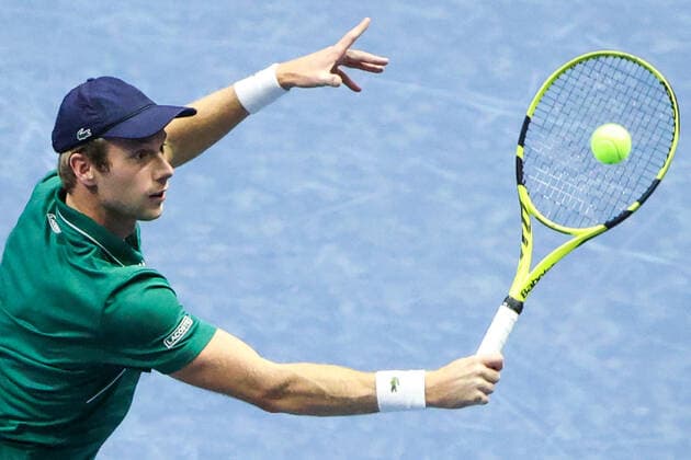 ST PETERSBURG, RUSSIA â€“ OCTOBER 30, 2021: Botic van de Zandschulp of the Netherlands in action in a men s singles semi-final match against Marin Cilic of Croatia as part of the 2021 St Petersburg Open tennis tournament, at the Sibur Arena. Peter Kovalev TASS  TS11658D