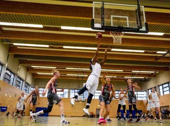 Duesseldorf, Germany, October 30 Marquita Waller ( 13 Capitol Bascats ) scores two points during the 1. Toyota Damen Basketball Bundesliga game between the Capitol Bascats Duesseldorf and TSV 1880 Wasserburg at Wekita Sportarena in Duesseldorf Tatjana Herzberg SPP Capitol Bascats Duesseldorf v TSV 1880 Wasserburg, 1. Toyota Damen Basketball Bundes Game, Wekita Sportarena 
