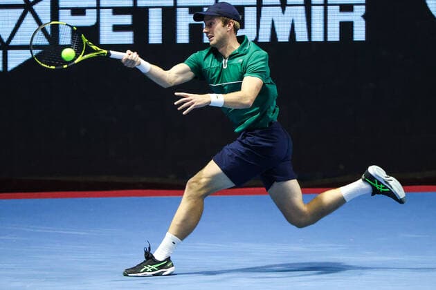 ST PETERSBURG, RUSSIA â€“ OCTOBER 30, 2021: Botic van de Zandschulp of the Netherlands in action in a men s singles semi-final match against Marin Cilic of Croatia as part of the 2021 St Petersburg Open tennis tournament, at the Sibur Arena. Peter Kovalev TASS  TS116592