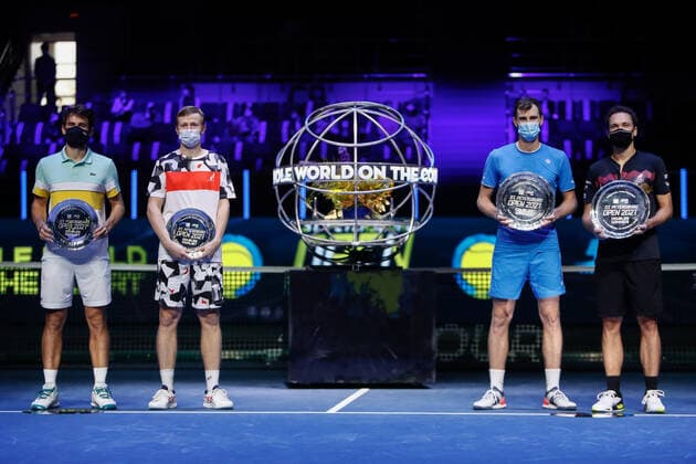 ATP, Tennis Herren St. Petersburg Open 2021 International Tennis Tournament (L to R) Hugo Nys of Monaco, Andrey Golubev of Kazahkhstan, Jamie Murray of Great Britain and Bruno Soares of Brazil pose for a photo with their trophies during the prize-giving ceremony following the men s doubles final tennis match of the ATP 250 St. Petersburg Open 2021 International Tennis Tournament at the Sibur Arena on October 31, 2021 in Saint Petersburg, Russia. Saint Petersburg Russia  Copyright: xMikexKireevx kireev-notitle211031_nptlY