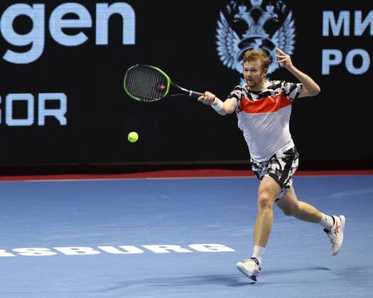Saint Petersburg, Russia - 31 october 2021: Tennis. Jamie Murray, Bruno Soares plays during a match against Andrey Golubev, Hugo Nys at the SPB Open 2021 tennis tournament. Andrey Golubev. MaksimxKonstantinov
