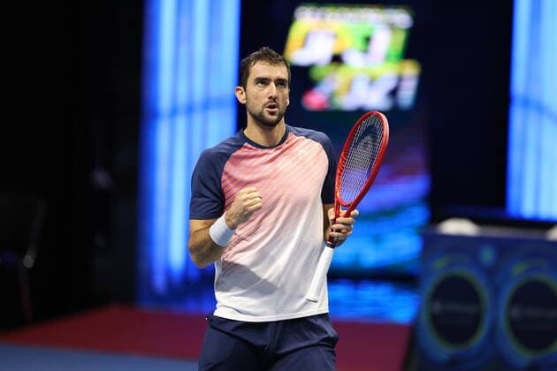 Saint Petersburg, Russia - 31 october 2021: Tennis. Taylor Fritz plays during a match against Marin Cilic at the St.Petersburg Open 2021 tennis tournament. Finals. Marin Cilic. MaksimxKonstantinov