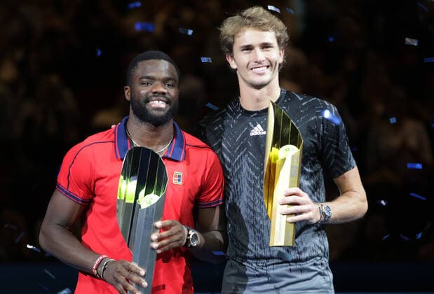 TENNIS - ATP, Tennis Herren Erste Bank Open VIENNA,AUSTRIA,31.OCT.21 - TENNIS - ATP World Tour, Erste Bank Open, final. Image shows Frances Tiafoe (USA) and Alexander Zverev (GER). Keywords: trophy.  GEPAxpictures xWalterxLuger