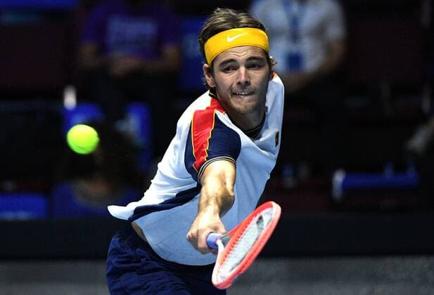 6686205 31.10.2021 Taylor Fritz, of the USA, competes in the men s singles final match against Croatia s Marin ?ili?? at the St. Petersburg Open international tennis tournament in St. Petersburg, Russia. Alexander Galperin Sputnik Russia Tennis St Petersburg Open  37b9cf3011839b1f