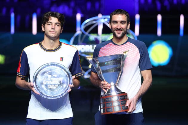 SAINT PETERSBURG, RUSSIA - OCTOBER 31: Marin Cilic and Taylor Fritz hold the tournament trophies during a photo shoot at ATP, Tennis Herren International tennis tournament St. Petersburg Open on October 31, 2021, at Sibur Arena in Saint Petersburg, Russia. (Photo by Anatoliy Medved Icon Sportswire) TENNIS: OCT 31 St. Petersburg Open Icon2110313254