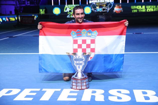 SAINT PETERSBURG, RUSSIA - OCTOBER 31: Marin Cilic poses with National flag of Croatia during photo shoot at ATP, Tennis Herren International tennis tournament St. Petersburg Open on October 31, 2021, at Sibur Arena in Saint Petersburg, Russia. (Photo by Anatoliy Medved Icon Sportswire) TENNIS: OCT 31 St. Petersburg Open Icon2110313255