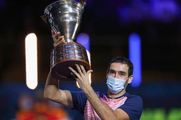 October 31, 2021, St. Petersburg, Russia: Marin Cilic of Croatia seen holding a trophy during the award ceremony for the winners of the final match of 2021 St. Petersburg Open tennis tournament between Taylor Fritz of USA and Marin Cilic of Croatia at Sibur Arena..Taylor Fritz won the men s final match against Marin Cilic. St. Petersburg Russia - ZUMAs197 20211031_zaa_s197_207 Copyright: xMaksimxKonstantinovx
