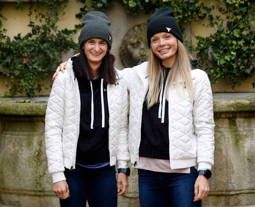 Czech speed skaters Martina Sablikova, left, and Nikola Zdrahalova pose after a press conference, PK, Pressekonferenz before new season, on November 1, 2021, in Prague, Czech Republic. (CTKxPhoto MichaelaxRihova) CTKPhotoP2021110103093  mir 10