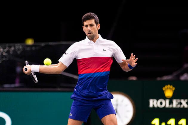 Paris, France, November 1st, 2021 - Novak Djokovic of Serbia in action during his doubles second round match with compatriot Filip Krajinovic against Australian players Alex de Minaur and Luke Saville at the Rolex Paris Masters tennis tournament  Copyright: xAlexisxSciardx