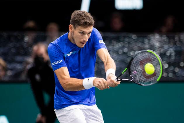 Paris, France, November 1st, 2021 - Spanish player Pablo Carreno Busta in action during the first round match against French player Benoit Paire at the Rolex Paris Masters tennis tournament.  Copyright: xAlexisxSciardx
