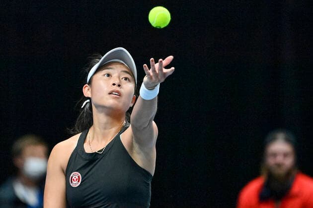 Carol Zhao (Canada) in action during Group A match against Daria Kasatkina (Russian Tennis Federation), on November 2, 2021, in Prague, Czech Republic, within women’s tennis Billie Jean King Cup (former Fed Cup). (CTKxPhoto VitxSimanek) CTKPhotoP2021110203020  VIS 002