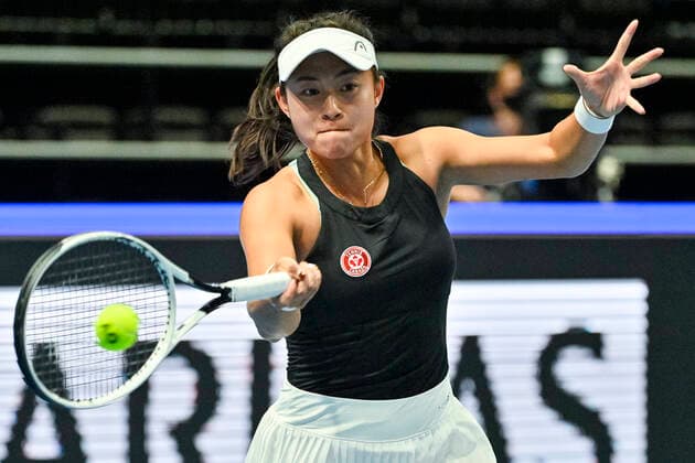 Carol Zhao (Canada) in action during Group A match against Daria Kasatkina (Russian Tennis Federation), on November 2, 2021, in Prague, Czech Republic, within women’s tennis Billie Jean King Cup (former Fed Cup). (CTKxPhoto VitxSimanek) CTKPhotoP2021110203097  VIS 003