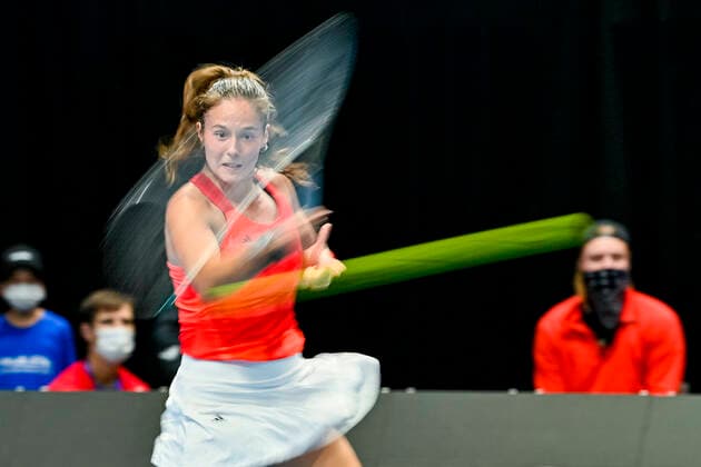 Daria Kasatkina (Russian Tennis Federation) in action during Group A match against Carol Zhao (Canada), on November 2, 2021, in Prague, Czech Republic, within women’s tennis Billie Jean King Cup (former Fed Cup). (CTKxPhoto VitxSimanek) CTKPhotoP2021110203213  VIS 005