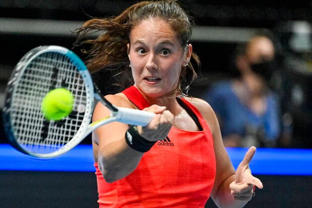 Daria Kasatkina (Russian Tennis Federation) in action during Group A match against Carol Zhao (Canada), on November 2, 2021, in Prague, Czech Republic, within women’s tennis Billie Jean King Cup (former Fed Cup). (CTKxPhoto VitxSimanek) CTKPhotoP2021110203228  VIS 006