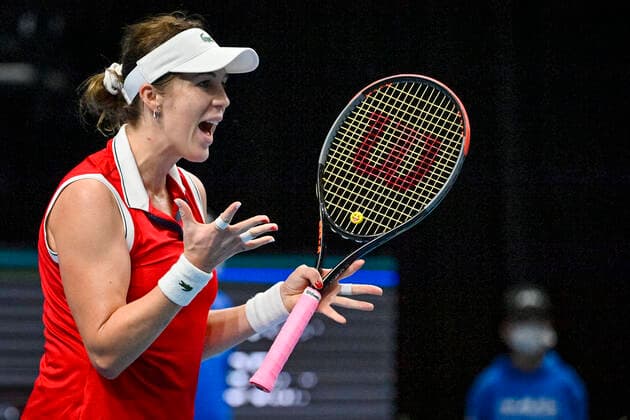 Sport Bilder des Tages Anastasia Pavlyuchenkova (Russian Tennis Federation) reacts during Group A match against Rebecca Marino (Canada), on November 2, 2021, in Prague, Czech Republic, within women’s tennis Billie Jean King Cup (former Fed Cup). (CTKxPhoto VitxSimanek) CTKPhotoP2021110204221  VIS 011