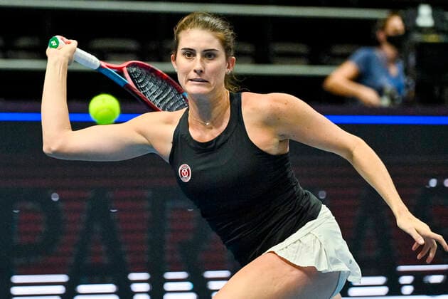 Rebecca Marino (Canada) in action during Group A match against Anastasia Pavlyuchenkova (Russian Tennis Federation), on November 2, 2021, in Prague, Czech Republic, within women’s tennis Billie Jean King Cup (former Fed Cup). (CTKxPhoto VitxSimanek) CTKPhotoP2021110204274  VIS 013