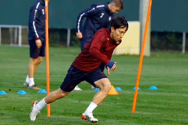 ANTWERPEN, BELGIUM - NOVEMBER 03 : Koji Miyoshi midfielder of Antwerp FC pictured during a training session of Antwerp ahead of the UEFA Europa League Group stage - Group D match against Fenerbahce on November 3, 2021 in Antwerpen, Belgium, 3 11 2021 ( Antwerp v Fenerbahce - Media activities 3 11 2021 - UEFA Europa League PhotoNews Panoramic 