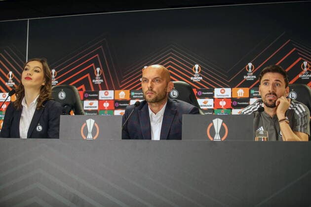 WARSZAWA 03.11.2021 LIGA EUROPY UEFA EUROPA LEAGUE press conference, PK, Pressekonferenz BEFORE GAME LEGIA WARSAW v SSC NAPOLI KONFERENCJA PRASOWA PRZED MECZEM LEGII WARSZAWA Z SSC NAPOLI IZA KRUK MAREK GOLEBIEWSKI FILIP MLADENOVIC FOT. MARCIN SZYMCZYK FOTOPYK NEWSPIX.PL --- Newspix.pl  211103MSZ009