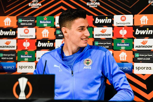Fenerbahce Berke Ozer pictured during a press conference, PK, Pressekonferenz of Turkish soccer team Fenerbahce, Wednesday 03 November 2021 in Antwerp. The team is preparing for tomorrow s match against Belgian team Royal Antwerp FC, on the fourth day of the UEFA Europa League group stage, in group D. TOMxGOYVAERTS  x3130453x