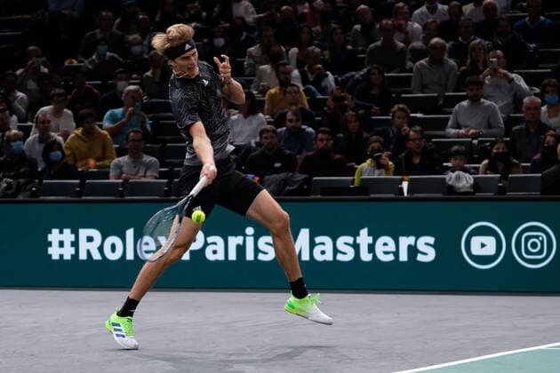 November 3, 2021, Paris, France: German player ALEXANDER ZVEREV return the ball to Serbian player DUSAN LAJOVIC during the Rolex Paris Masters 1000 tournament at Accor Arena Stadium - Paris France..Alexander Zverev won 6:3 7:6. Paris France - ZUMAp119 20211103_zaf_p119_073 Copyright: xPierrexSteveninx