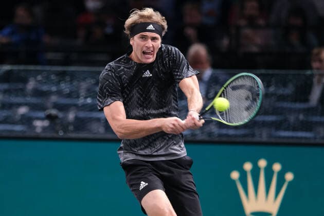 November 3, 2021, Paris, France: German player ALEXANDER ZVEREV return the ball to Serbian player DUSAN LAJOVIC during the Rolex Paris Masters 1000 tournament at Accor Arena Stadium - Paris France..Alexander Zverev won 6:3 7:6 Paris France - ZUMAp119 20211103_zaf_p119_078 Copyright: xPierrexSteveninx
