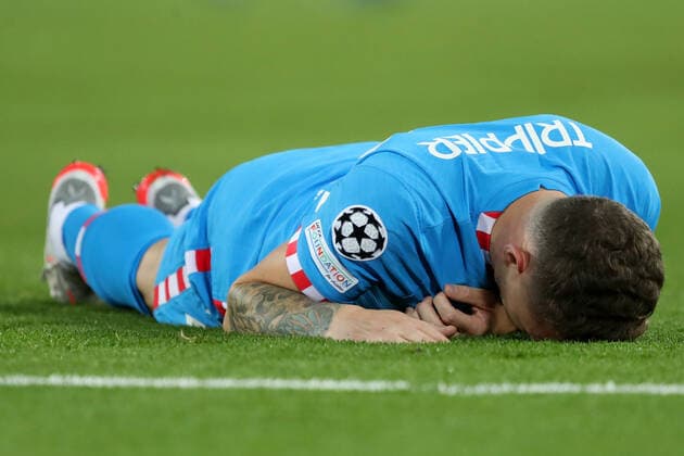 Mandatory Credit: Photo by Paul Greenwood Shutterstock (12585785aw) Kieran Trippier of Atletico Madrid lies injured on the pitch Liverpool v Atletico Madrid, UEFA Champions League Group B, Football, Anfield, Liverpool, UK - 03 Nov 2021 EDITORIAL USE ONLY No use with unauthorised audio, video, data, fixture lists, club league logos or live services. Online in-match use limited to 120 images, no video emulation. No use in betting, games or single club league player publications. Liverpool v Atletico Madrid, UEFA Champions League Group B, Football, Anfield, Liverpool, UK - 03 Nov 2021 EDITORIAL USE ONLY No use with unauthorised audio, video, data, fixture lists, club league logos or live services. Online in-match use limited to 120 images, no video emulation. No use in betting, games or single club league player publications.  Copyright: xPaulxGreenwood Shutterstockx 12585785aw