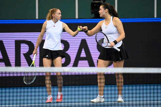 From left Aliaksandra Sasnovich and Lidziya Marozava of Belarus in action during Group B match against Ellen Perez and Storm Sanders of Australia during the women’s tennis Billie Jean King Cup (former Fed Cup) in Prague, Czech Republic, November 4, 2021. (CTKxPhoto OndrejxDeml) CTKPhotoP2021110407452 