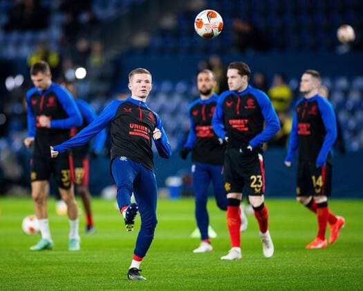 Mandatory Credit: Photo by Kirk O Rourke Shutterstock (12587237a) Stephen Kelly of Rangers warms up during the Europa League match at Brøndby Stadium, Copenhagen. Brondby v Rangers, UEFA Europa League Group A, Football, Brondy Stadium, Brondbyvester, Denmark - 04 Nov 2021 Brondby v Rangers, UEFA Europa League Group A, Football, Brondy Stadium, Brondbyvester, Denmark - 04 Nov 2021 Copyright: xKirkxO Rourke Shutterstockx 12587237a
