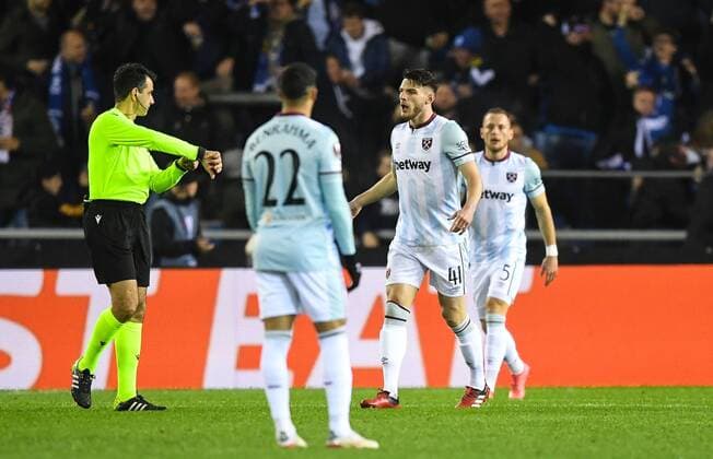 Mandatory Credit: Photo by Simon Dael Shutterstock (12587229aq) Declan Rice of West Ham United reacts following a goal by Joseph Paintsil of KRC Genk Genk v West Ham United, UEFA Europa League Group H, Football Cegeka Arena, Genk, Belgium - 04 Nov 2021 Genk v West Ham United, UEFA Europa League Group H, Football Cegeka Arena, Genk, Belgium - 04 Nov 2021  Copyright: xSimonxDael Shutterstockx 12587229aq